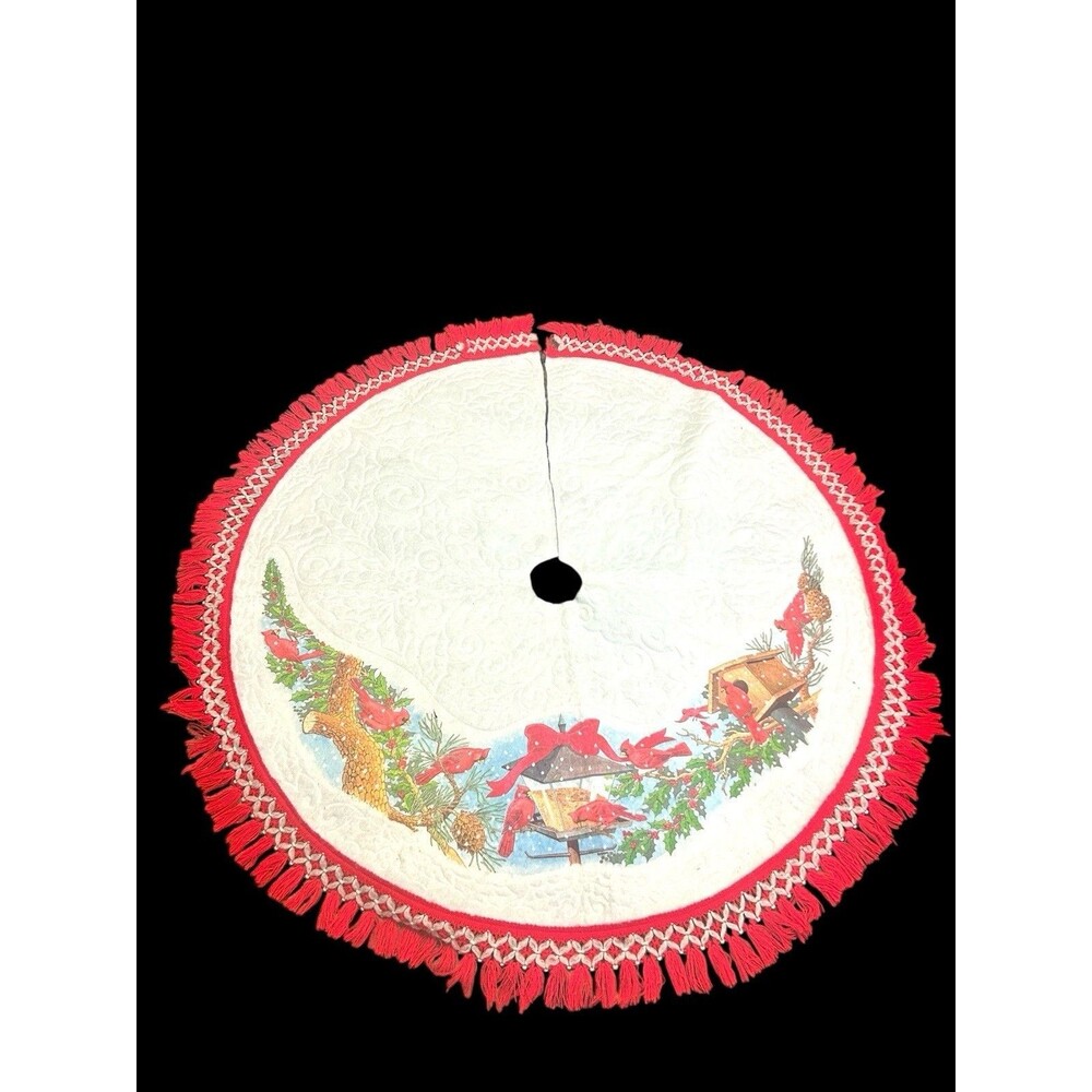Vtg Felt Christmas Tree Skirt Cardinal Holly Berry Bird Houses Fringed￼